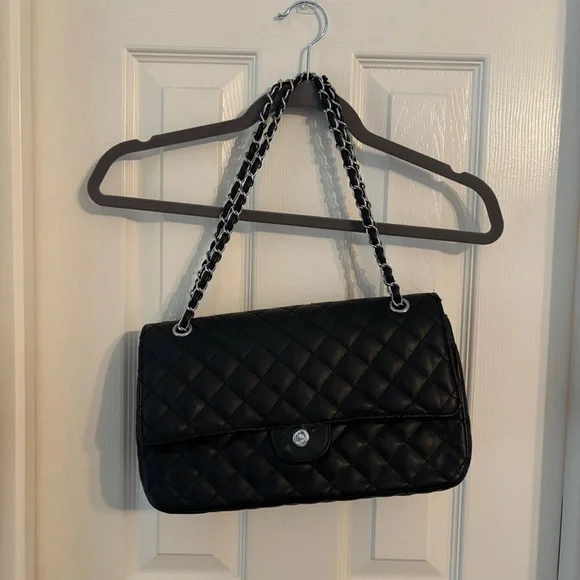 Black Quilted Shoulder Bag with Silver Accents - Picture 1 of 5